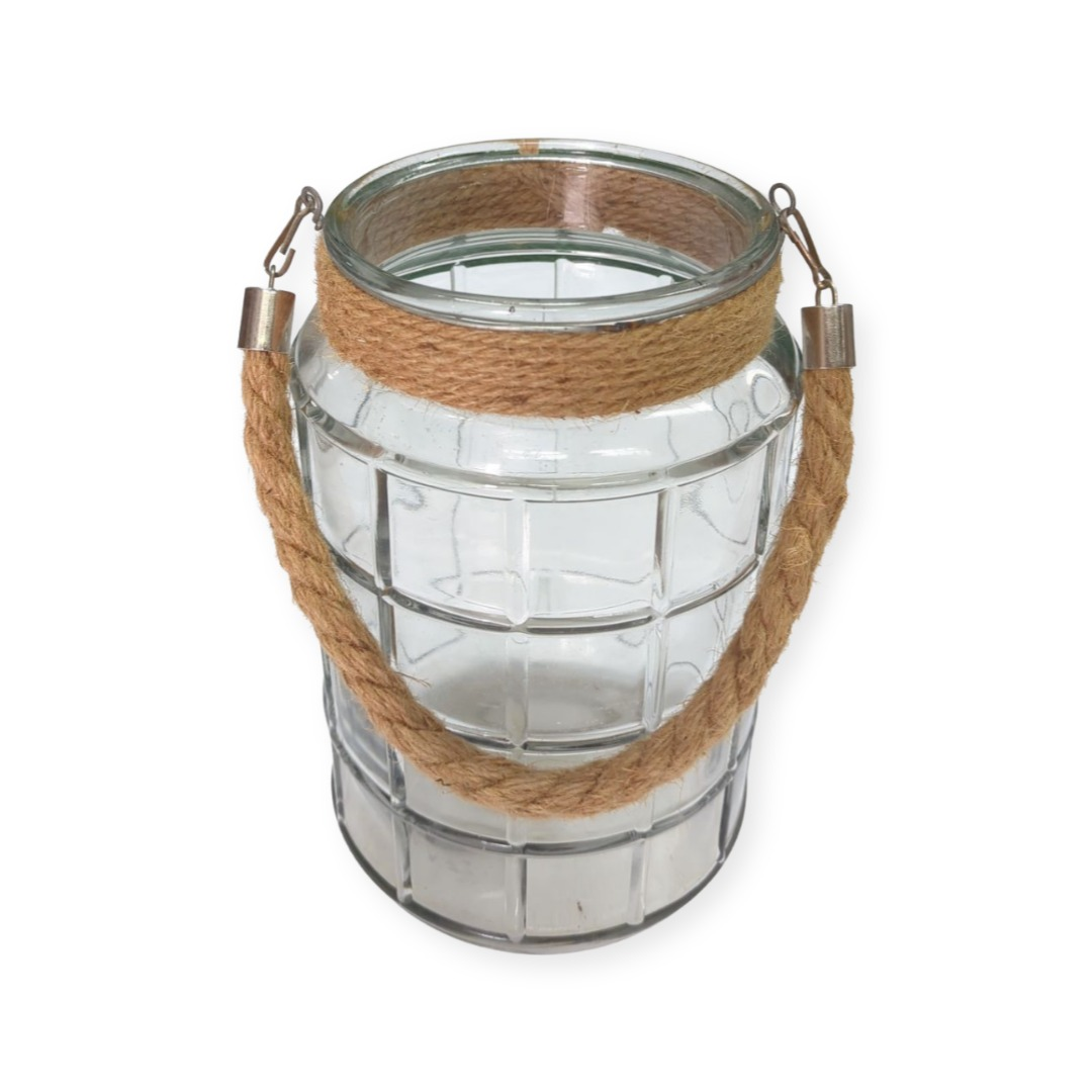 Coastal rope lantern with glass and white washed finish