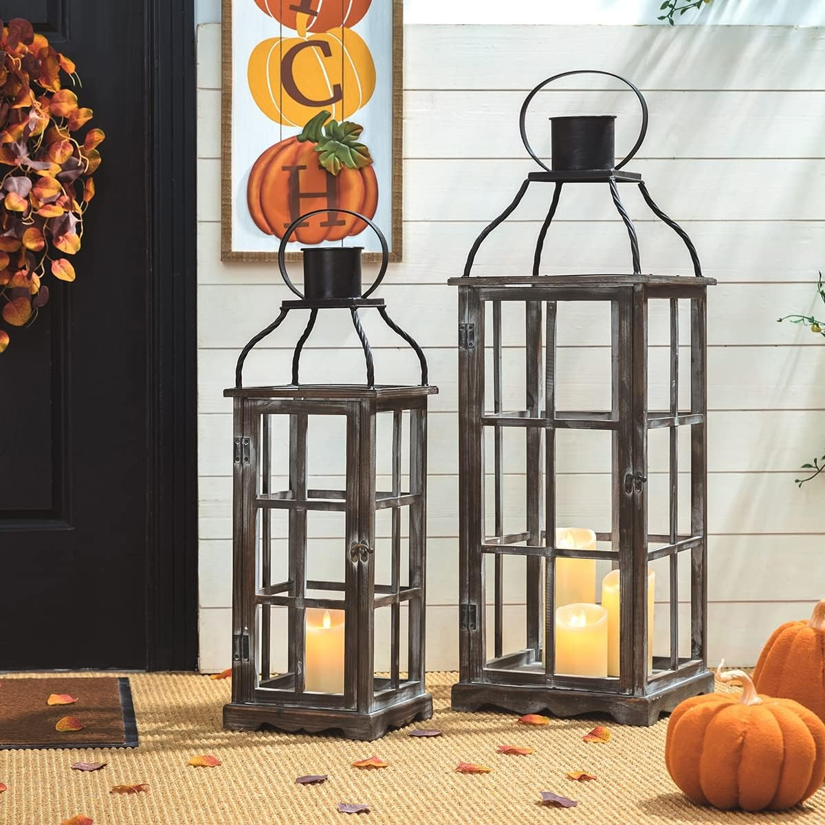 Rustic farmhouse lanterns with distressed wood and metal frames